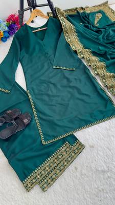  rama festive kurta set with gold zari border palazzo and dupatta 4