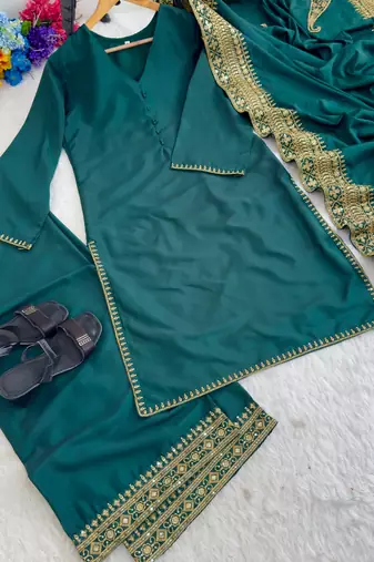 New latest stylish classic rama festive kurta set with gold zari border palazzo and dupatta