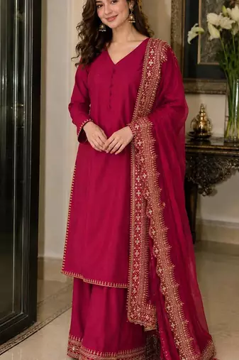 New latest stylish classic rani pink festive kurta set with gold zari border palazzo and dupatta