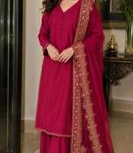 New latest stylish classic rani pink festive kurta set with gold zari border palazzo and dupatta