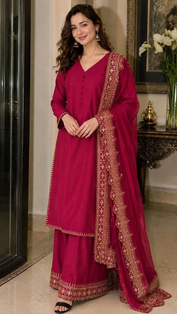 New latest stylish classic rani pink festive kurta set with gold zari border palazzo and dupatta