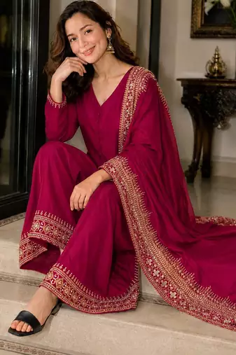 New latest stylish classic rani pink festive kurta set with gold zari border palazzo and dupatta
