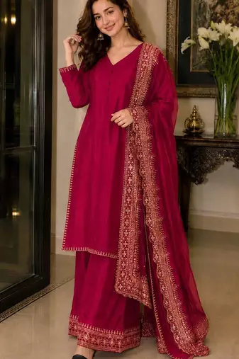 New latest stylish classic rani pink festive kurta set with gold zari border palazzo and dupatta