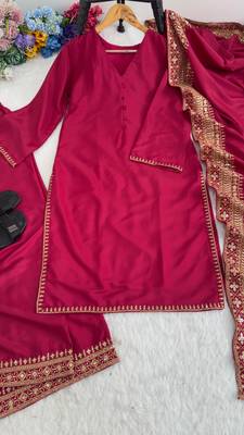  rani pink festive kurta set with gold zari border palazzo and dupatta 4