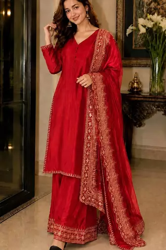  red festive kurta set with gold zari border palazzo and dupatta
