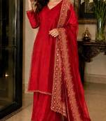 New latest stylish classic red festive kurta set with gold zari border palazzo and dupatta