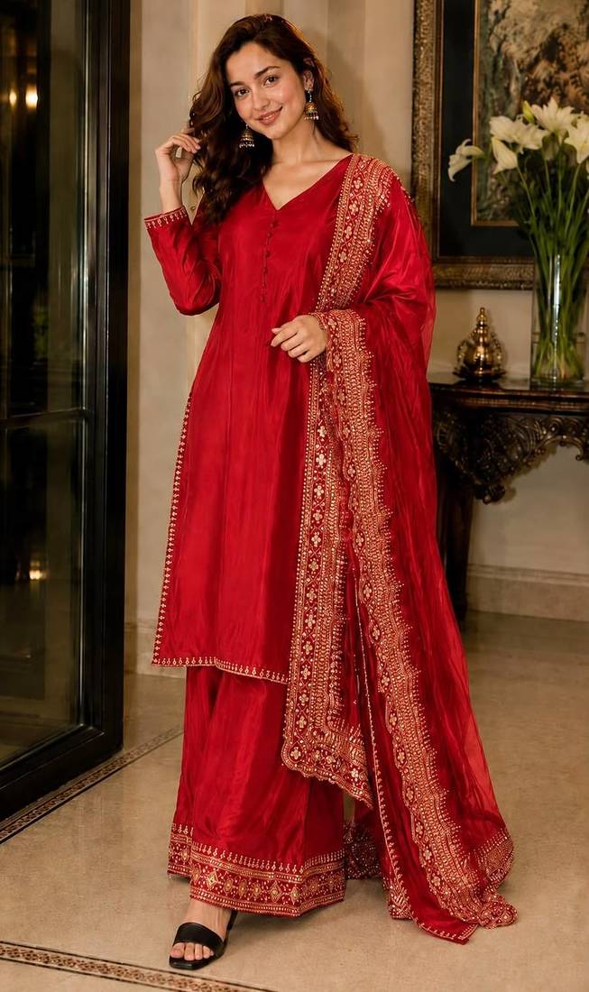 New latest stylish classic red festive kurta set with gold zari border palazzo and dupatta