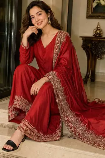  red festive kurta set with gold zari border palazzo and dupatta