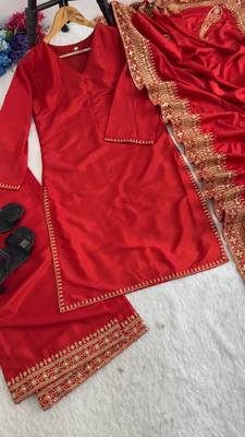  red festive kurta set with gold zari border palazzo and dupatta 3