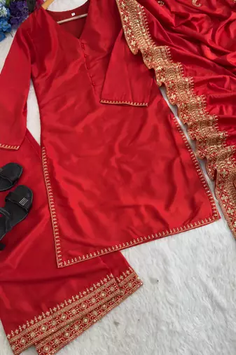  red festive kurta set with gold zari border palazzo and dupatta