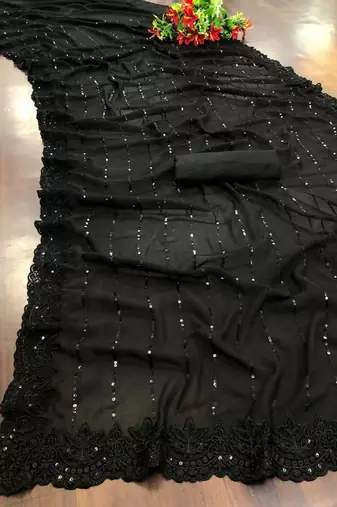 Black soft georgette embroidered sequins saree