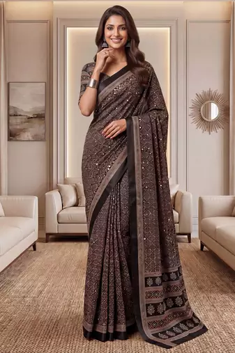 Brown Silk blend ajrak print mirror work saree