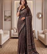 Brown Silk blend ajrak print mirror work saree