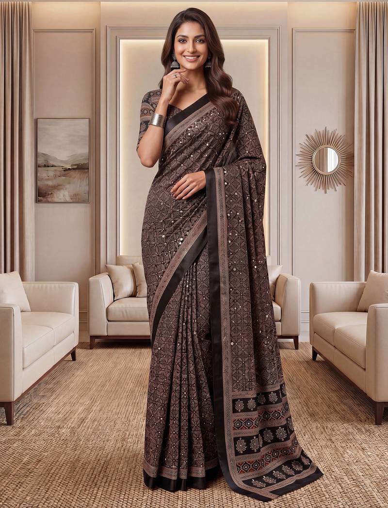 Brown Silk blend ajrak print mirror work saree