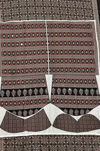 Brown Silk blend ajrak print mirror work saree