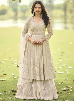Cream wich net embroidered plazoo suit 1