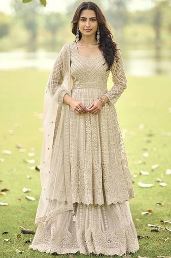 Cream wich net embroidered plazoo suit