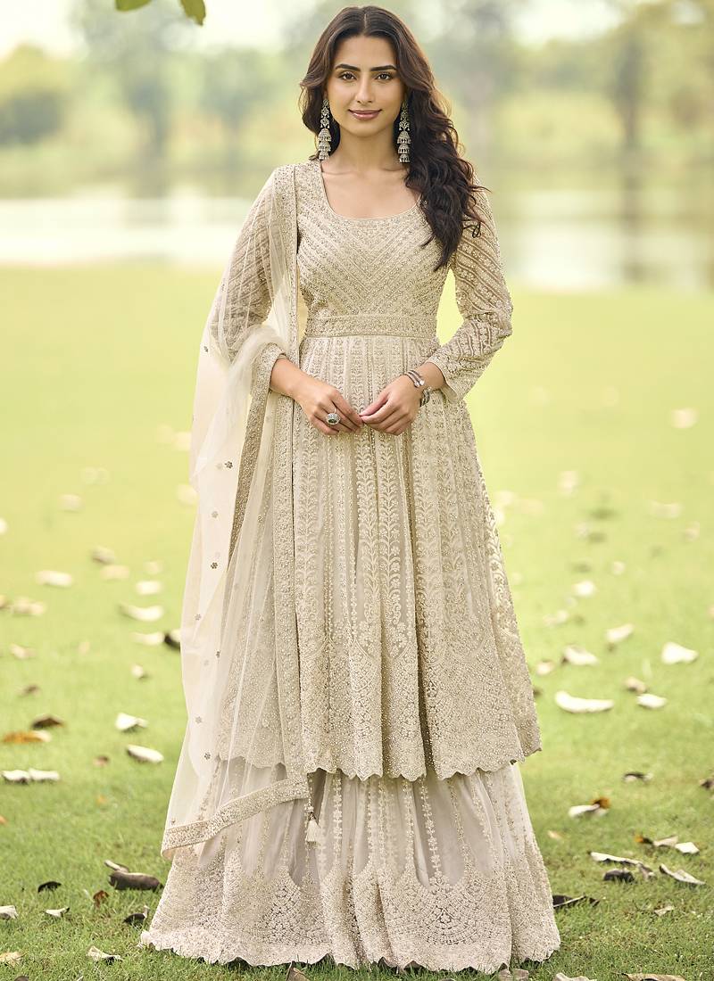 Cream wich net embroiderde plazoo suit