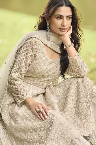 Cream wich net embroiderde plazoo suit