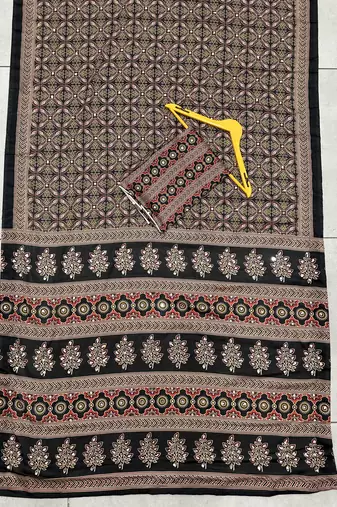 Brown Silk blend ajrak print mirror work saree
