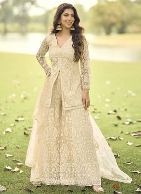 Cream with net embroidered plazoo suit 1