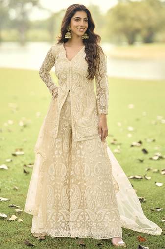 Cream with net embroidered plazoo suit