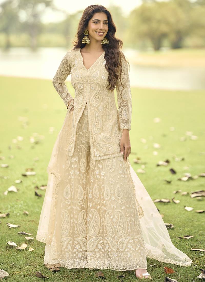Cream wich net embroiderde plazoo suit
