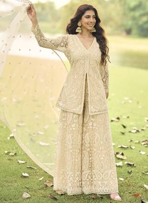Cream with net embroidered plazoo suit 2