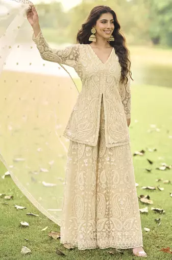 Cream wich net embroiderde plazoo suit