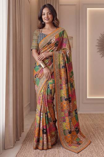 Orange Silk blend ajrak print mirror work saree