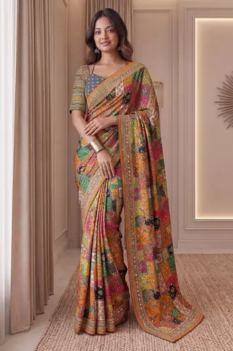 Orange Silk blend ajrak print mirror work saree