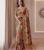 Orange Silk blend ajrak print mirror work saree