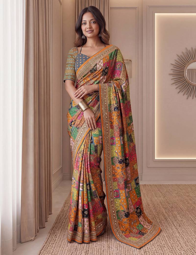 Orange Silk blend ajrak print mirror work saree