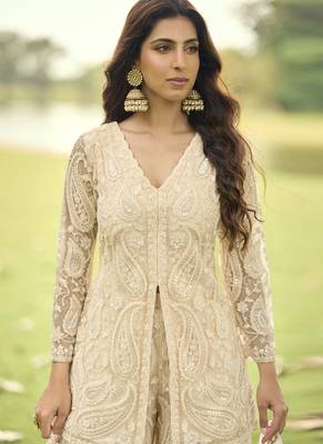 Cream with net embroidered plazoo suit 3