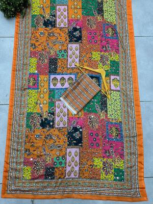 Orange Silk blend ajrak print mirror work saree 2