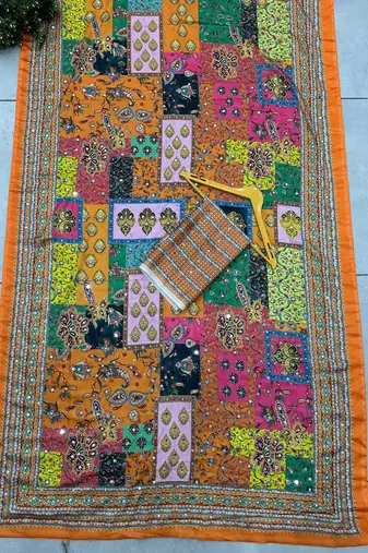 Orange Silk blend ajrak print mirror work saree