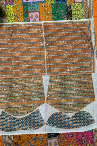 Orange Silk blend ajrak print mirror work saree