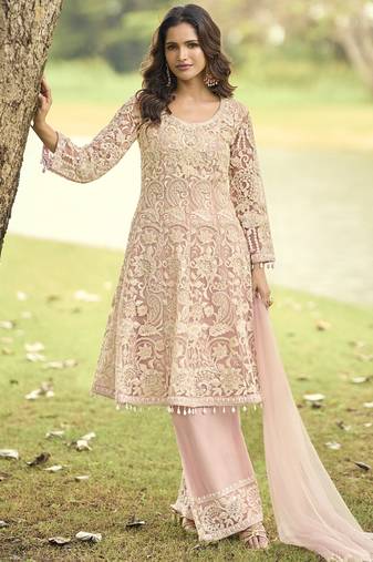 Light-peach wich net embroidered plazoo suit