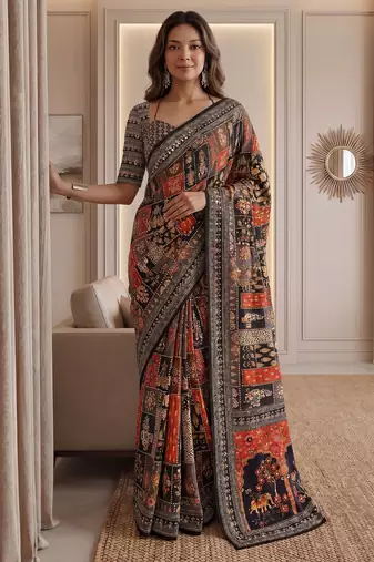 Rust Silk blend ajrak print mirror work saree