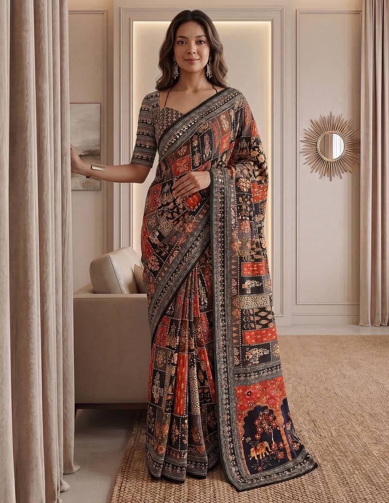 Rust Silk blend ajrak print mirror work saree