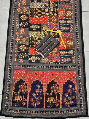 Rust Silk blend ajrak print mirror work saree 2