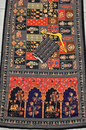 Rust Silk blend ajrak print mirror work saree