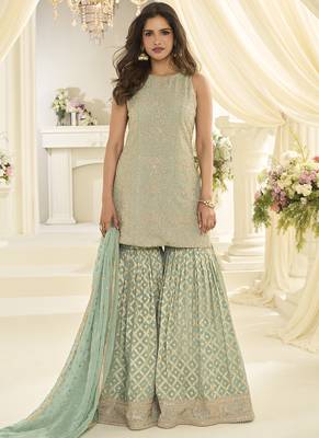 Sea-green embroidered gerogette sarara suit 1