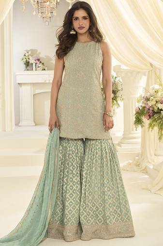 Sea-green embroidered gerogette sarara suit