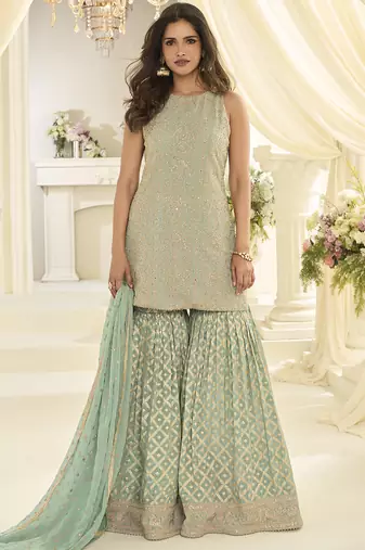 Sea-green embroidered gerogette sarara suit