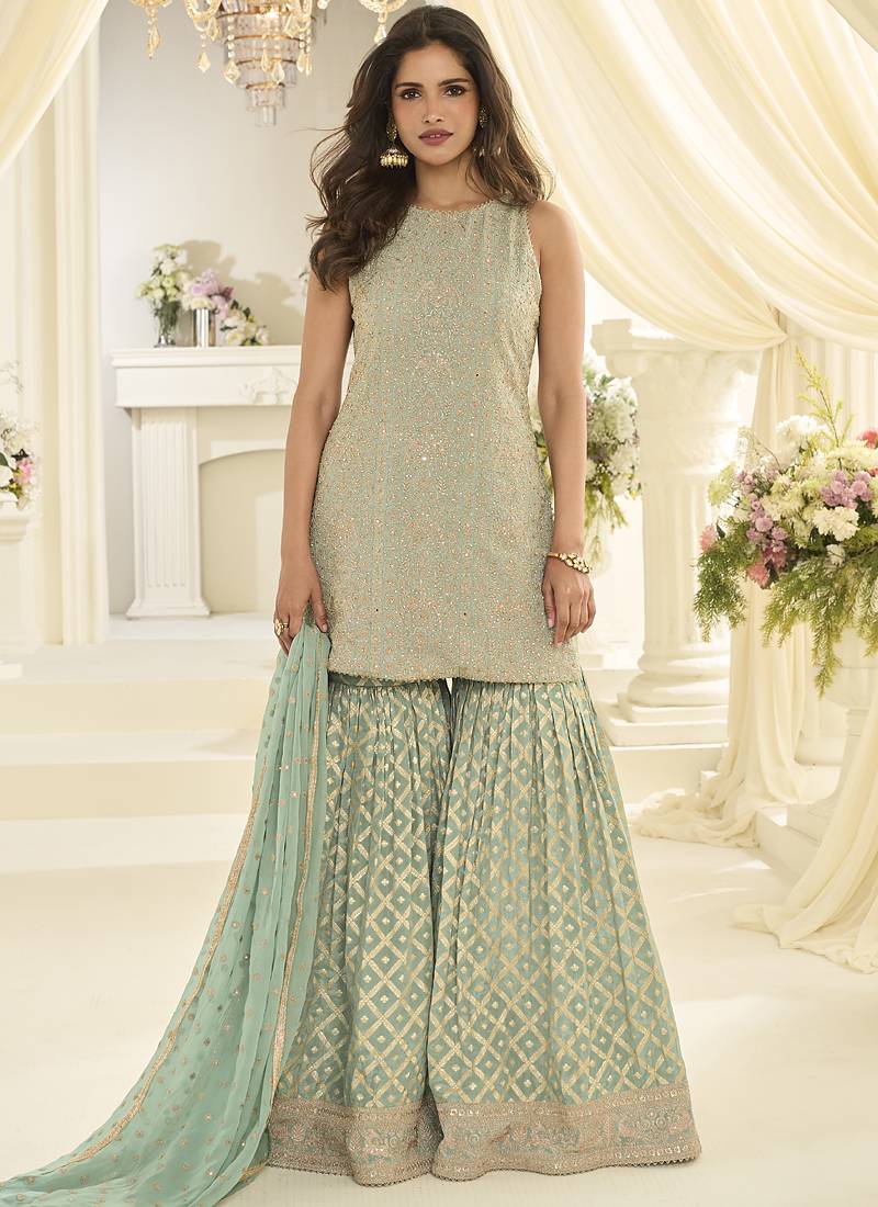 Sea-green embroidered gerogette sarara suit