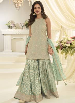 Sea-green embroidered gerogette sarara suit 2