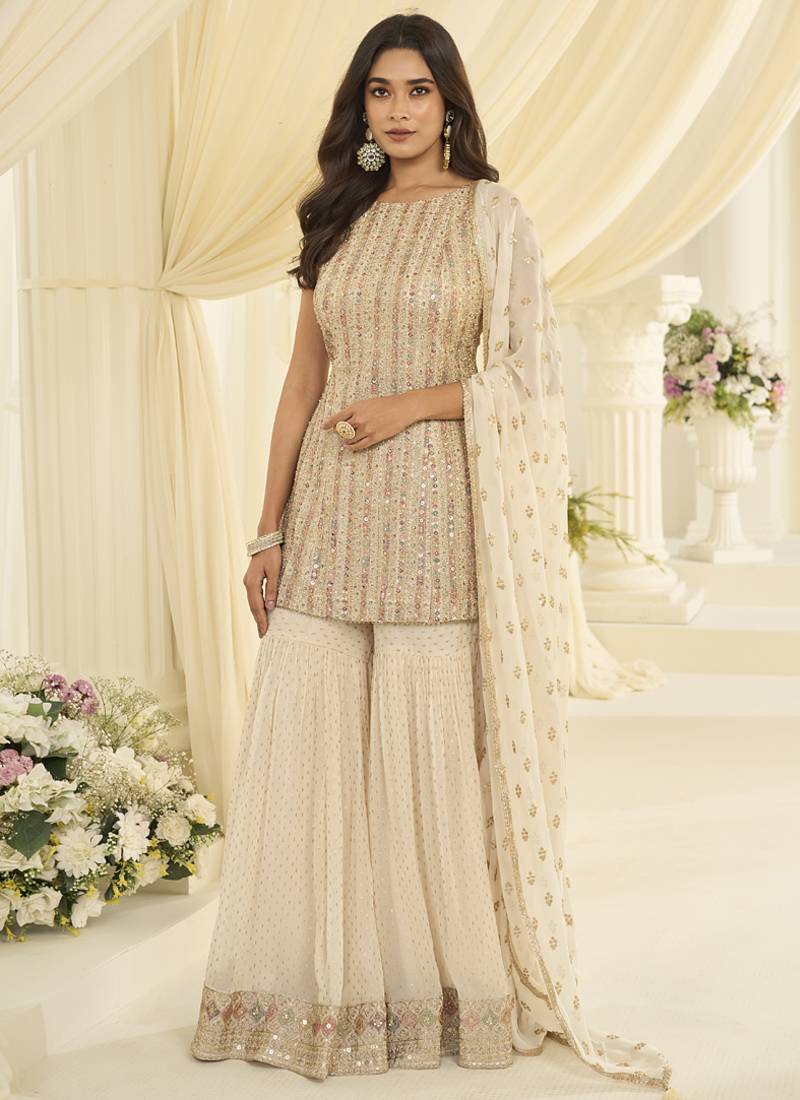 Cream embroidered gerogette sarara suit