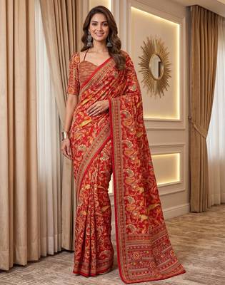 Red Silk blend ajrak print mirror work saree 1