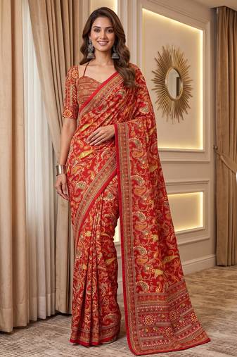 Red Silk blend ajrak print mirror work saree